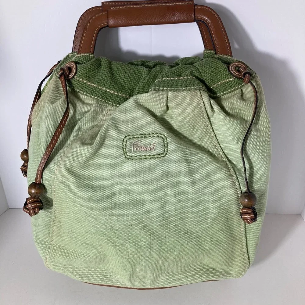 Womens Vintage Fossil Canvas Handbag Leather Handles Green 12 x 15